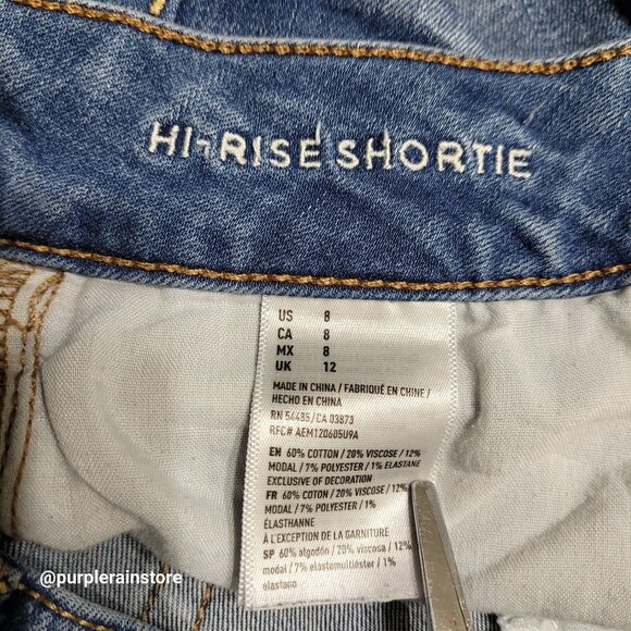 American Eagle Hi Rise Shortie Size 8 Super Stretch Raw Hem Medium Light Wash - Picture 4 of 11